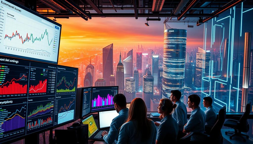 A bustling e-commerce hub, with towering data visualizations illuminating key SEO insights. In the foreground, a detailed dashboard showcases real-time analytics - colorful charts, graphs, and trend lines meticulously tracking user behavior, search engine rankings, and content performance. The middle ground features a team of analysts, their faces lit by the glow of multiple monitors, deep in conversation as they interpret the data and strategize actionable steps. In the background, a vast, futuristic cityscape stretches out, its skyscrapers adorned with neon-lit signage hinting at the scale and complexity of the e-commerce landscape. Warm, directional lighting casts dramatic shadows, creating a sense of depth and dynamism. The overall mood is one of intense focus, technological prowess, and the pursuit of data-driven excellence in search engine optimization. A bustling e-commerce hub, with towering data visualizations illuminating key SEO insights. In the foreground, a detailed dashboard showcases real-time analytics - colorful charts, graphs, and trend lines meticulously tracking user behavior, search engine rankings, and content performance. The middle ground features a team of analysts, their faces lit by the glow of multiple monitors, deep in conversation as they interpret the data and strategize actionable steps. In the background, a vast, futuristic cityscape stretches out, its skyscrapers adorned with neon-lit signage hinting at the scale and complexity of the e-commerce landscape. Warm, directional lighting casts dramatic shadows, creating a sense of depth and dynamism. The overall mood is one of intense focus, technological prowess, and the pursuit of data-driven excellence in search engine optimization.