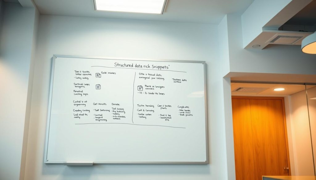 A clean, modern office interior with a large whiteboard on the wall, displaying a diagram of structured data for rich snippets. The diagram features clear, well-organized sections with icons and text labels. Warm, diffused lighting illuminates the scene, creating a professional, educational atmosphere. The camera is positioned slightly above eye level, capturing the whiteboard at an angle that showcases the detailed diagram. The background is blurred, keeping the focus on the informative visual aid. A clean, modern office interior with a large whiteboard on the wall, displaying a diagram of structured data for rich snippets. The diagram features clear, well-organized sections with icons and text labels. Warm, diffused lighting illuminates the scene, creating a professional, educational atmosphere. The camera is positioned slightly above eye level, capturing the whiteboard at an angle that showcases the detailed diagram. The background is blurred, keeping the focus on the informative visual aid.