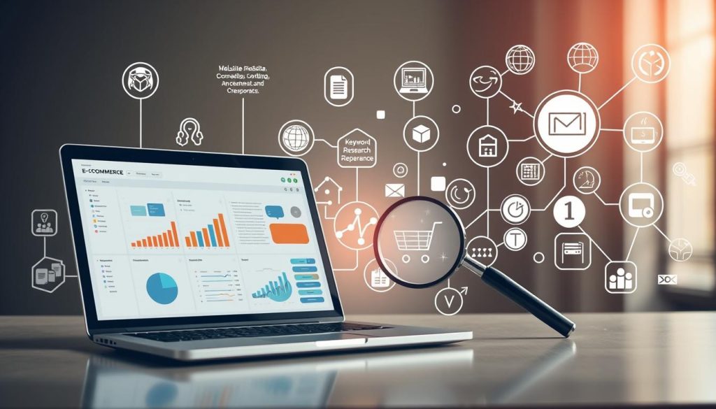 A comprehensive e-commerce SEO audit process unfolds in a dynamic, data-driven tableau. In the foreground, a sleek laptop displays analytical dashboards, charts, and reports, reflecting the meticulous examination of website architecture, content, and technical elements. The middle ground features a magnifying glass, symbolizing the in-depth scrutiny of on-page optimization, link profiles, and user experience. In the background, a series of interconnected icons and infographic elements illustrate the various stages of the audit, from crawling and indexing to keyword research and competitive analysis. The scene is bathed in a soft, warm light, conveying a sense of focus and professionalism, as the e-commerce business owner contemplates the insights gleaned from this thorough SEO assessment. A comprehensive e-commerce SEO audit process unfolds in a dynamic, data-driven tableau. In the foreground, a sleek laptop displays analytical dashboards, charts, and reports, reflecting the meticulous examination of website architecture, content, and technical elements. The middle ground features a magnifying glass, symbolizing the in-depth scrutiny of on-page optimization, link profiles, and user experience. In the background, a series of interconnected icons and infographic elements illustrate the various stages of the audit, from crawling and indexing to keyword research and competitive analysis. The scene is bathed in a soft, warm light, conveying a sense of focus and professionalism, as the e-commerce business owner contemplates the insights gleaned from this thorough SEO assessment.