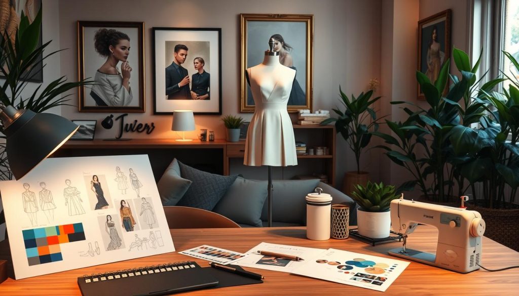 A cozy Fiverr gig workspace with a fashionable flair. In the foreground, a designer's desk showcases digital fashion sketches, color palettes, and mood boards. In the middle ground, a mannequin displays the latest couture designs, while a sewing machine and fabric swatches hint at the creative process. The background features elegant wall art, lush potted plants, and warm, soft lighting creating an inviting, inspirational atmosphere for fashion-forward Fiverr projects.