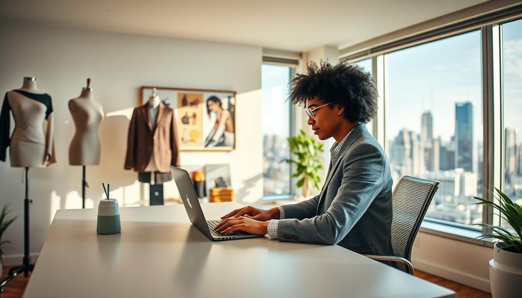 A cozy, modern Shopify expert's workspace, bathed in soft, natural light. In the foreground, a fashionably dressed Shopify specialist sits at a sleek, minimalist desk, intently focused on a laptop screen. The middle ground features tasteful fashion decor elements, such as a mannequin, clothing rack, and mood board, hinting at the specialist's expertise in the fashion industry. The background showcases a vibrant, inspirational city skyline through large, panoramic windows, creating a sense of urban sophistication. The overall scene conveys a professional, yet stylish atmosphere, reflecting the Shopify expert's ability to elevate fashion websites to new heights. A cozy, modern Shopify expert's workspace, bathed in soft, natural light. In the foreground, a fashionably dressed Shopify specialist sits at a sleek, minimalist desk, intently focused on a laptop screen. The middle ground features tasteful fashion decor elements, such as a mannequin, clothing rack, and mood board, hinting at the specialist's expertise in the fashion industry. The background showcases a vibrant, inspirational city skyline through large, panoramic windows, creating a sense of urban sophistication. The overall scene conveys a professional, yet stylish atmosphere, reflecting the Shopify expert's ability to elevate fashion websites to new heights.