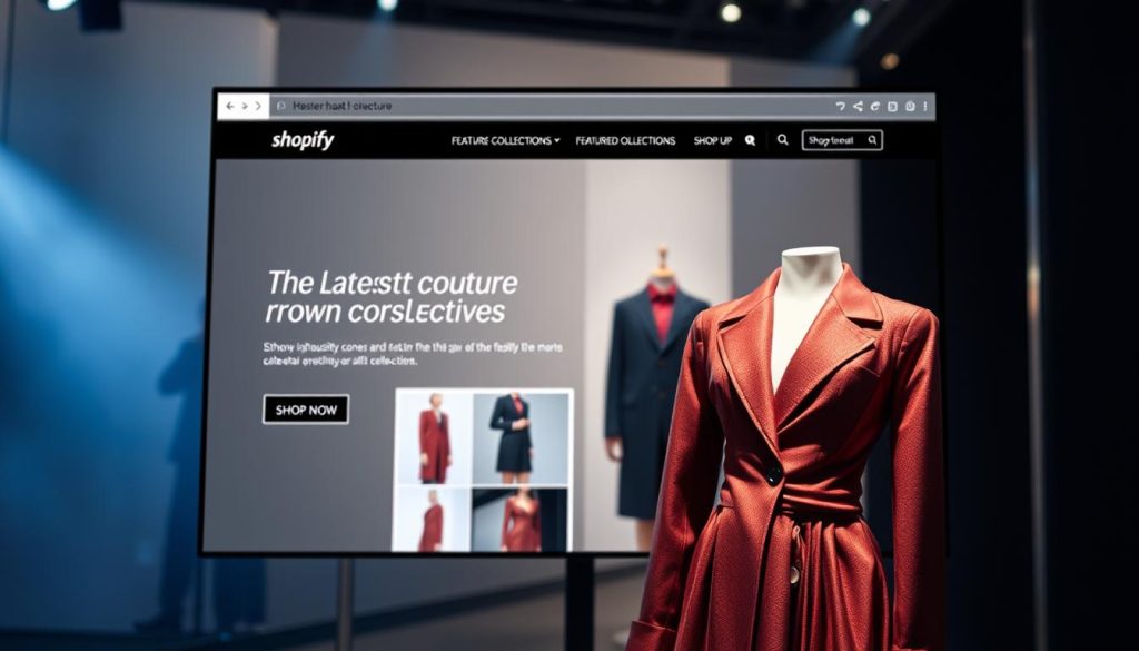 A fashion website, its interface meticulously optimized, showcases a stunning display of the latest haute couture. In the foreground, a high-resolution product image takes center stage, highlighting exquisite tailoring and rich fabrics. The middle ground features a clean, minimalist layout with intuitive navigation, drawing the eye to featured collections. In the background, a soft, ethereal lighting bathes the scene, creating a sense of elegance and luxury. The overall mood is one of sophistication and impeccable design, reflecting the transformative power of Shopify expertise in elevating the online presence of fashion brands. A fashion website, its interface meticulously optimized, showcases a stunning display of the latest haute couture. In the foreground, a high-resolution product image takes center stage, highlighting exquisite tailoring and rich fabrics. The middle ground features a clean, minimalist layout with intuitive navigation, drawing the eye to featured collections. In the background, a soft, ethereal lighting bathes the scene, creating a sense of elegance and luxury. The overall mood is one of sophistication and impeccable design, reflecting the transformative power of Shopify expertise in elevating the online presence of fashion brands.