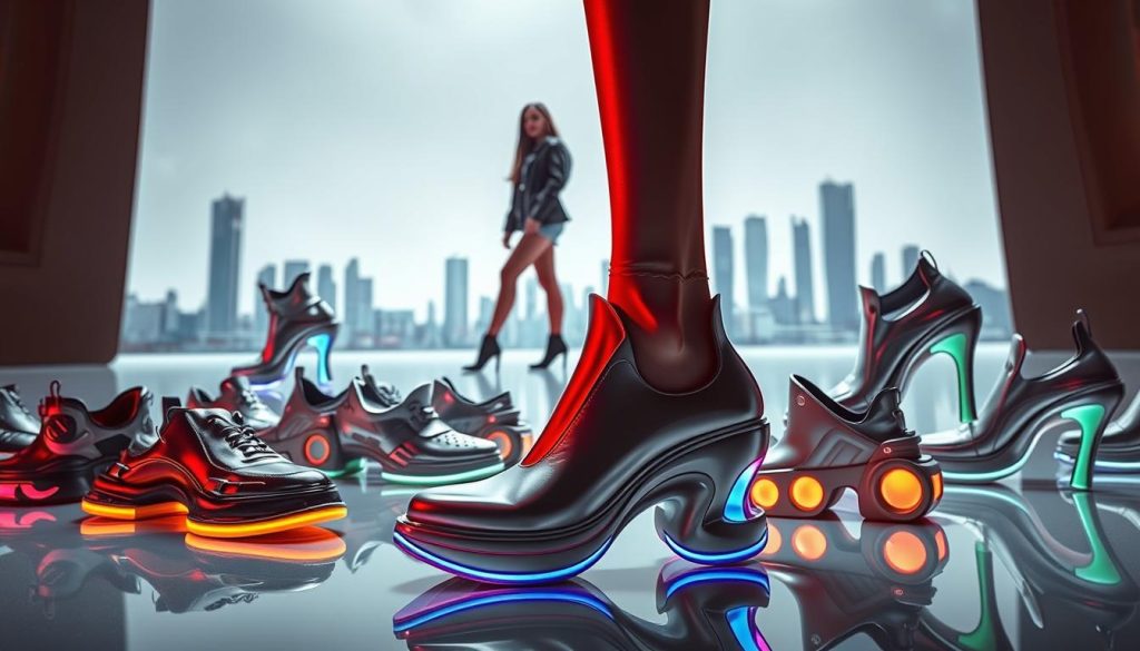 A fashionable, forward-looking scene showcasing the top 2025 footwear trends. In the foreground, a diverse array of sleek, futuristic shoes - glossy metallic platforms, curved holographic heels, and seamlessly integrated tech elements. The middle ground features stylishly posed models wearing these innovative designs, captured in a dynamic, high-contrast lighting setup that highlights the intricate details. The background subtly blends a minimalist, sci-fi inspired cityscape with subtle color accents, conveying a sense of modernity and progress. The overall mood is one of excitement and anticipation, hinting at the dramatic evolution of footwear in the coming years.