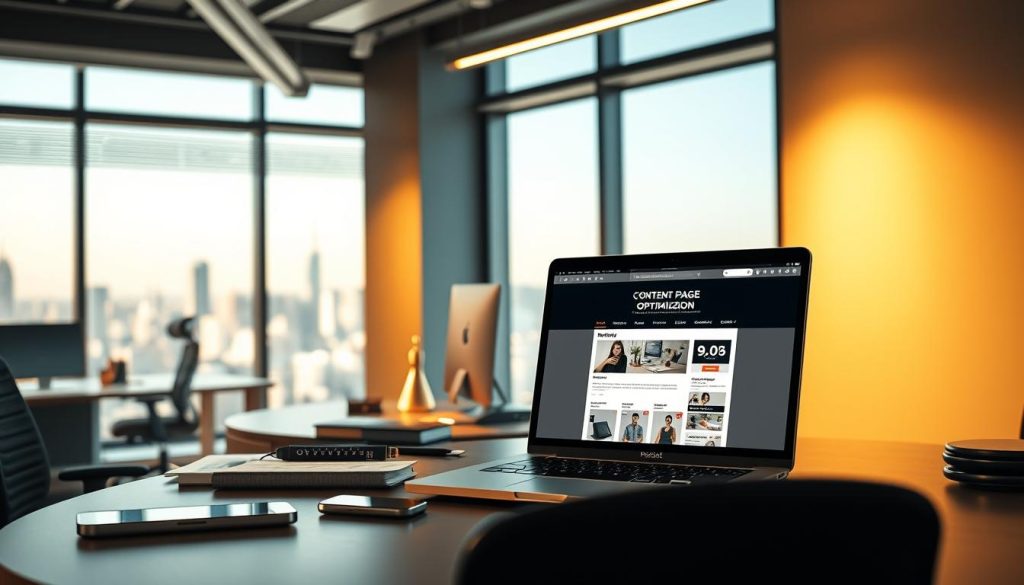 A high-tech office interior with a desk showcasing a laptop, smartphone, and various productivity tools. The scene is bathed in warm, directional lighting, creating a focused and professional atmosphere. In the foreground, a product page mockup is displayed on the laptop screen, emphasizing the concept of content optimization. The middle ground features ergonomic office furniture and minimalist decor, while the background depicts a panoramic city skyline visible through large windows, suggesting an urban, upscale setting. The overall composition conveys a sense of productivity, technological integration, and a strategic approach to optimizing online product pages. A high-tech office interior with a desk showcasing a laptop, smartphone, and various productivity tools. The scene is bathed in warm, directional lighting, creating a focused and professional atmosphere. In the foreground, a product page mockup is displayed on the laptop screen, emphasizing the concept of content optimization. The middle ground features ergonomic office furniture and minimalist decor, while the background depicts a panoramic city skyline visible through large windows, suggesting an urban, upscale setting. The overall composition conveys a sense of productivity, technological integration, and a strategic approach to optimizing online product pages.
