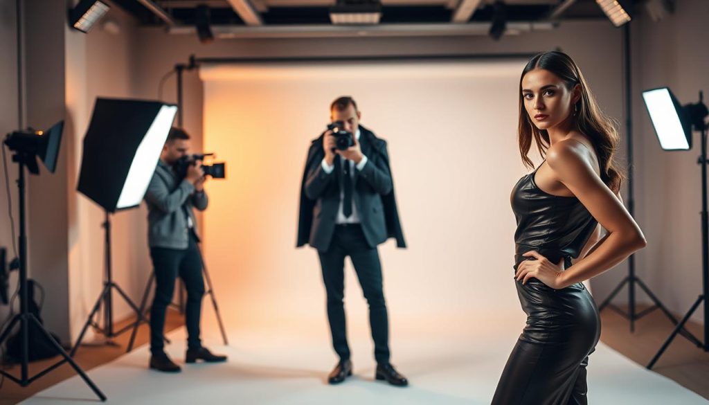 A lush fashion photography studio, softly lit with warm tones. In the foreground, a professional model poses gracefully, their sleek and stylish attire the focal point. The middle ground features a skilled photographer, camera in hand, carefully framing the shot. In the background, a seamless backdrop provides a clean, uncluttered setting, allowing the fashion and model to shine. The atmosphere is one of refined elegance, with a touch of glamour, perfectly capturing the essence of a high-end fashion editorial shoot.