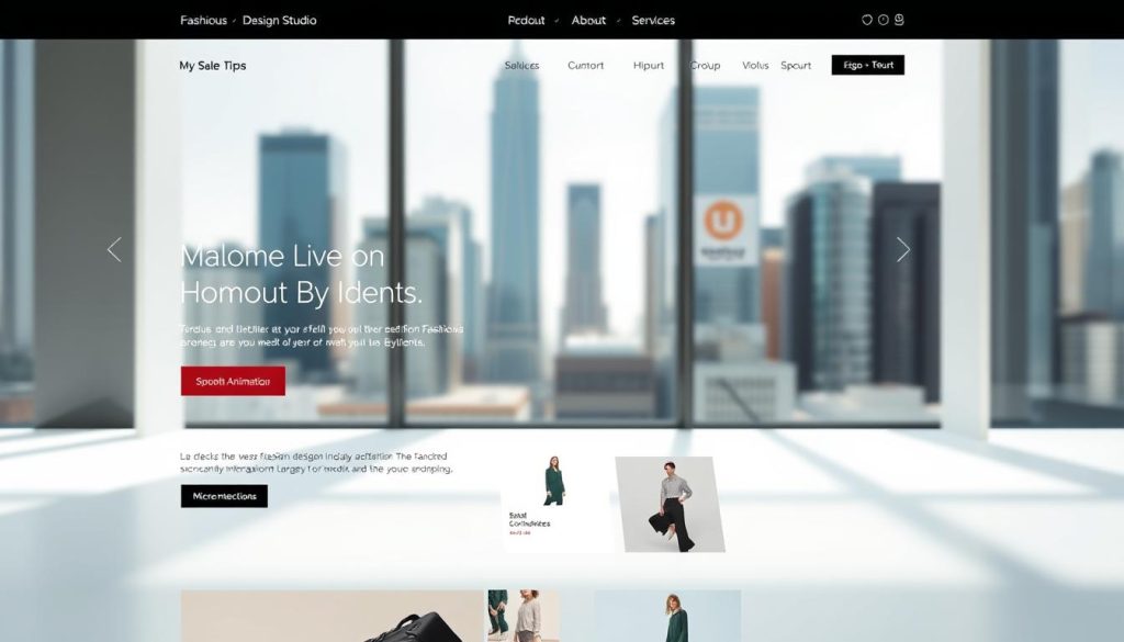 A modern, minimalist fashion website design studio showcasing a sleek user interface. In the foreground, a minimalist layout with clean typography, elegant color palette, and high-quality fashion imagery. In the middle ground, an interactive product display with smooth animations and micro-interactions. The background features a blurred cityscape with towering skyscrapers, hinting at the company's urban, sophisticated aesthetic. Bright, natural lighting filters through large windows, creating a bright, airy atmosphere. The overall scene conveys a sense of professionalism, innovation, and a deep understanding of the fashion industry's design trends.
