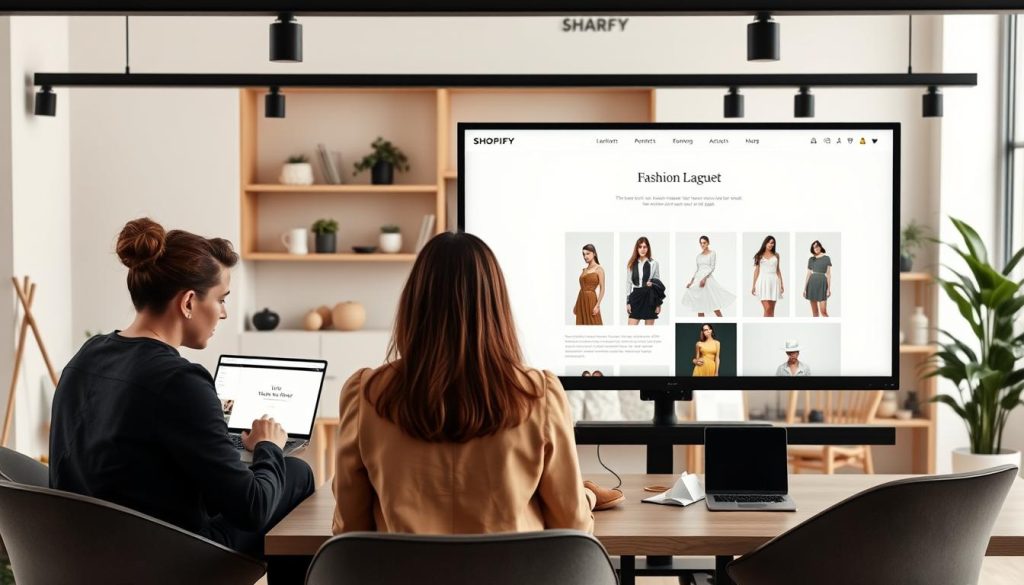 A modern, well-designed Shopify website for a fashion brand, showcasing a team of skilled designers collaborating on their latest project. In the foreground, three designers are discussing design mockups on their laptops, dressed in chic, minimalist attire. The middle ground features a large monitor displaying a sleek, responsive Shopify website layout, with clean typography and elegant product images. In the background, a cozy, minimalist office space with natural lighting, tasteful decor, and Shopify branding elements. The overall atmosphere conveys professionalism, creativity, and a dedication to elevating the fashion brand's online presence. A modern, well-designed Shopify website for a fashion brand, showcasing a team of skilled designers collaborating on their latest project. In the foreground, three designers are discussing design mockups on their laptops, dressed in chic, minimalist attire. The middle ground features a large monitor displaying a sleek, responsive Shopify website layout, with clean typography and elegant product images. In the background, a cozy, minimalist office space with natural lighting, tasteful decor, and Shopify branding elements. The overall atmosphere conveys professionalism, creativity, and a dedication to elevating the fashion brand's online presence.
