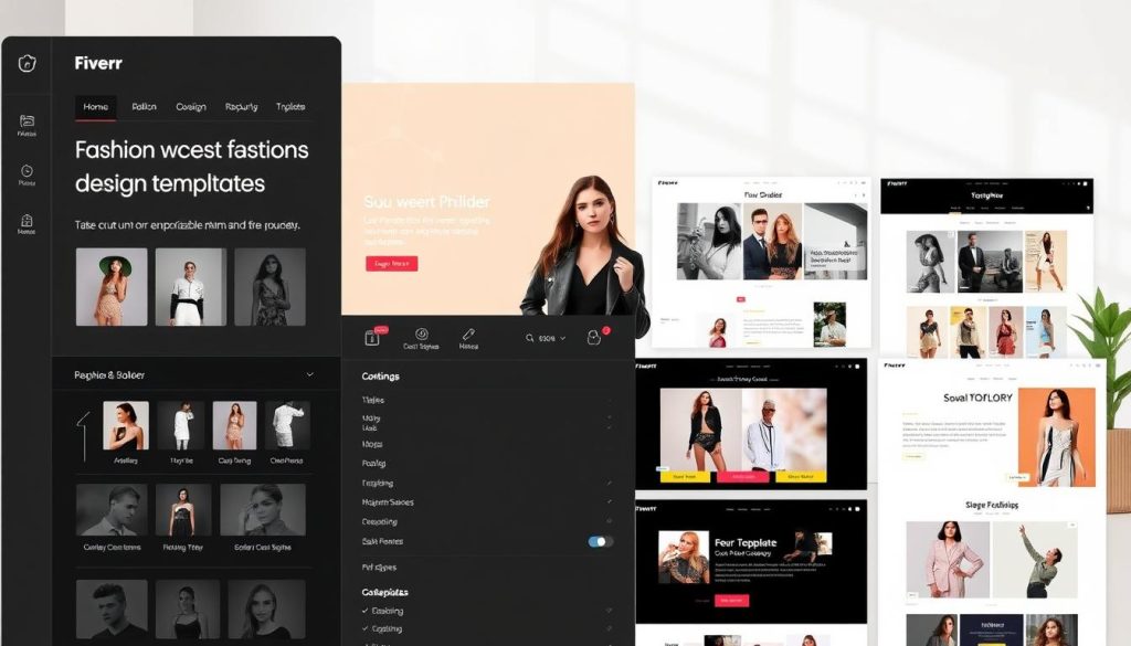A sleek, modern fashion website builder interface showcasing various customizable design templates and responsive layouts. In the foreground, a stylish model poses confidently in a fashionable outfit, highlighting the website's aesthetic capabilities. The middle ground features an array of customization tools and options, with intuitive UI elements and vibrant color palettes. The background depicts a minimalist, studio-like setting with soft, natural lighting, creating an inviting and professional atmosphere. The overall scene conveys the ease, creativity, and professionalism of using Fiverr's fashion website building services. A sleek, modern fashion website builder interface showcasing various customizable design templates and responsive layouts. In the foreground, a stylish model poses confidently in a fashionable outfit, highlighting the website's aesthetic capabilities. The middle ground features an array of customization tools and options, with intuitive UI elements and vibrant color palettes. The background depicts a minimalist, studio-like setting with soft, natural lighting, creating an inviting and professional atmosphere. The overall scene conveys the ease, creativity, and professionalism of using Fiverr's fashion website building services.