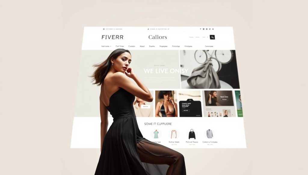 A stunning fashion website design showcase, featuring an array of Fiverr services. In the foreground, a model poses elegantly, showcasing the sleek and modern website design. The middle ground features various icons and UI elements, hinting at the breadth of customization options available. The background is a soft, neutral palette, allowing the design work to take center stage. The lighting is soft and diffused, creating a high-end, editorial feel. The camera angle is slightly elevated, giving a sense of grandeur and professionalism. Overall, the image conveys the power of Fiverr's design services to elevate the online presence of fashion brands.