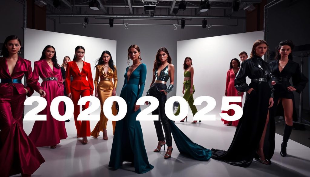 A stylish, high-fashion editorial spread showcasing the top women's fashion trends for 2025. In the foreground, a group of diverse models wearing the latest couture designs - fluid, androgynous silhouettes in bold colors and futuristic metallic accents. In the middle ground, a sleek, minimalist studio setting with stark white backdrops and dramatic, directional studio lighting. In the background, a glimpse of a vibrant, neon-tinged cityscape, hinting at the contemporary, urban energy of the 2025 fashion landscape. The overall mood is one of sophistication, innovation and a forward-thinking vision of style.