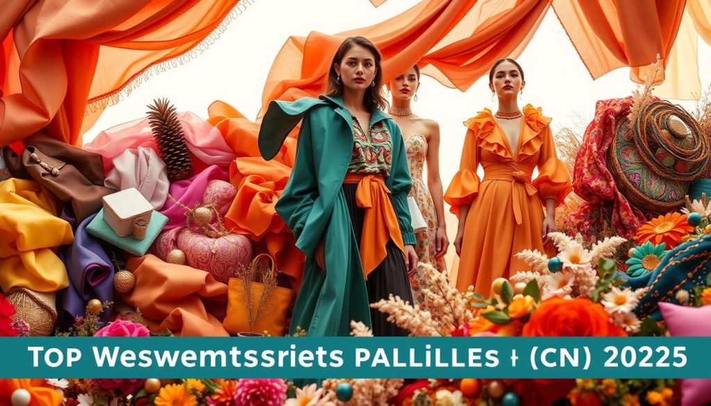 A vibrant and captivating image of the top women's fashion color palettes for 2025. In the foreground, a diverse array of fabrics, textures, and patterns in a harmonious blend of hues, ranging from rich earth tones to bold, saturated colors. The middle ground showcases elegant silhouettes and garments that exemplify the season's trends, with a focus on layering, asymmetry, and playful embellishments. In the background, a soft, diffused light creates a dreamlike atmosphere, accentuating the alluring nature of the fashion landscape. The overall composition conveys a sense of sophistication, creativity, and a forward-thinking vision for the future of women's style.