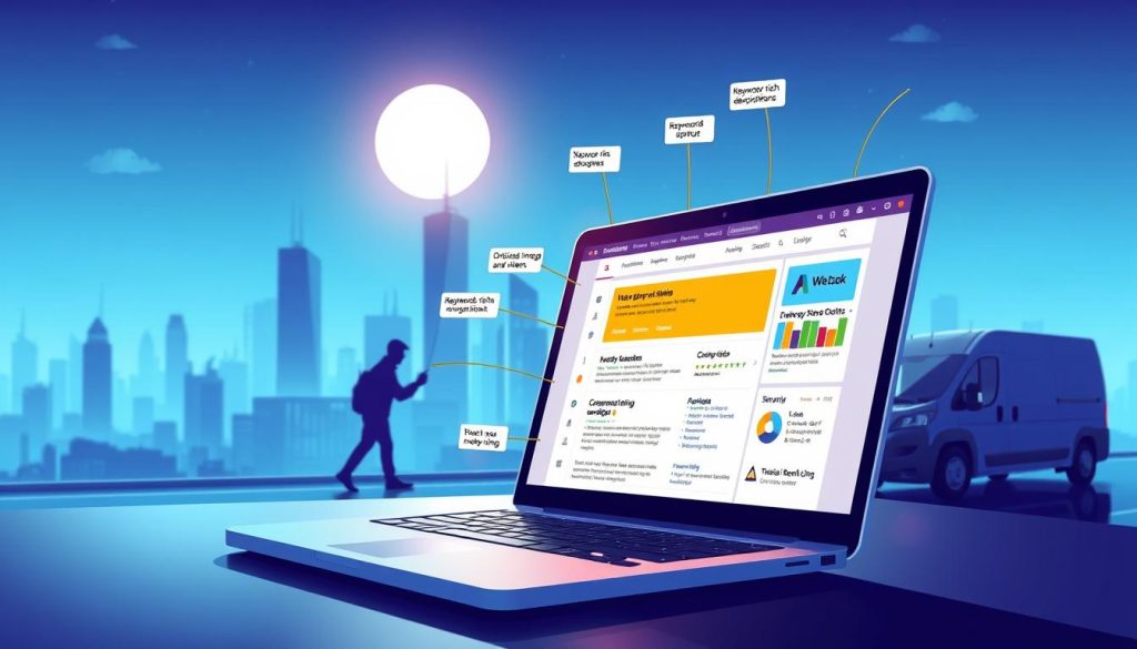 Detailed digital illustration depicting e-commerce SEO best practices. Foreground features a laptop display showcasing search engine optimization tactics such as keyword-rich product descriptions, optimized images and videos, schema markup, and internal linking. Middle ground shows a developer working on a website, with code and analytics dashboards visible. Background includes a city skyline and the silhouette of a delivery van, representing the broader e-commerce ecosystem. Bright, futuristic color palette with a sense of technological innovation. Cinematic lighting and angle to convey the importance and complexity of effective e-commerce SEO. Detailed digital illustration depicting e-commerce SEO best practices. Foreground features a laptop display showcasing search engine optimization tactics such as keyword-rich product descriptions, optimized images and videos, schema markup, and internal linking. Middle ground shows a developer working on a website, with code and analytics dashboards visible. Background includes a city skyline and the silhouette of a delivery van, representing the broader e-commerce ecosystem. Bright, futuristic color palette with a sense of technological innovation. Cinematic lighting and angle to convey the importance and complexity of effective e-commerce SEO.