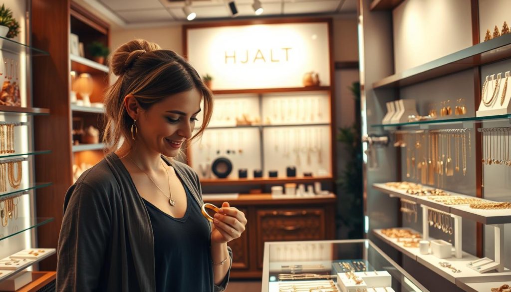 A cozy, well-lit jewelry store with warm, soft lighting, displaying a variety of budget-friendly necklaces, earrings, and bracelets on clean, modern display shelves. In the foreground, a smiling female customer examines a delicate bracelet, while the middle ground features a variety of affordable jewelry pieces in a range of styles and materials, including gold, silver, and gemstones. The background showcases the store's inviting ambiance, with tasteful decor and a welcoming atmosphere that encourages leisurely, stress-free shopping.