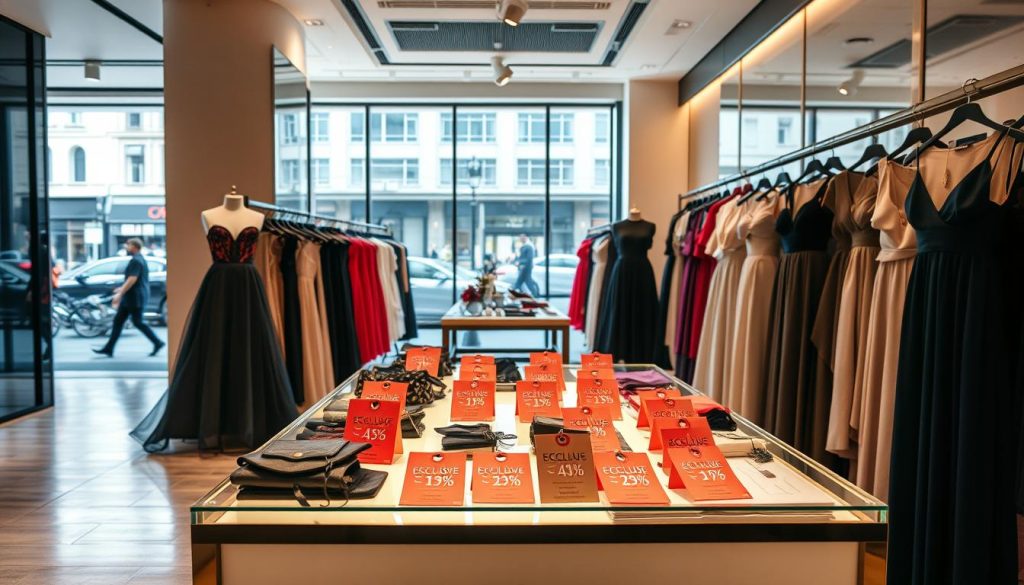 A high-end fashion boutique showcasing a vibrant display of exclusive dress discounts. In the foreground, a well-lit product table exhibits a range of elegant gowns, blouses, and skirts marked with eye-catching sale tags. The middle ground features a sleek, minimalist interior with warm lighting, clean lines, and fashionable decor. In the background, a large window offers a glimpse of a bustling city street, creating a sense of urban sophistication. The overall atmosphere conveys a sense of luxury, exclusivity, and the thrill of finding unbeatable deals on designer fashion.