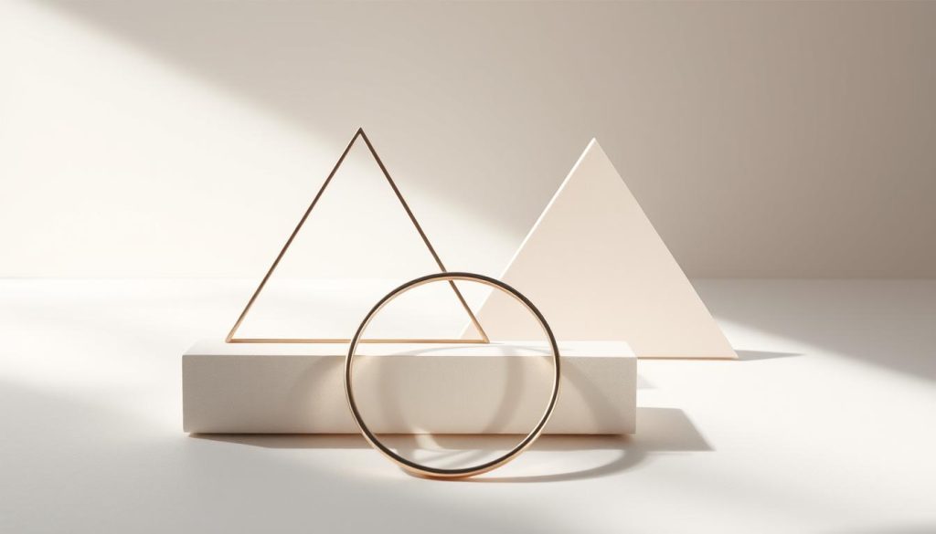 A minimalist jewelry design elements composition featuring clean geometric shapes, delicate lines, and subtle shadows. A central circular element in the foreground, surrounded by triangular and rectangular shapes in the middle ground. Soft, natural lighting casts gentle shadows, creating depth and dimension. The overall aesthetic is sleek, modern, and visually striking, with a focus on simplicity and elegance. Neutral tones and muted colors predominate, emphasizing the inherent beauty of the forms.