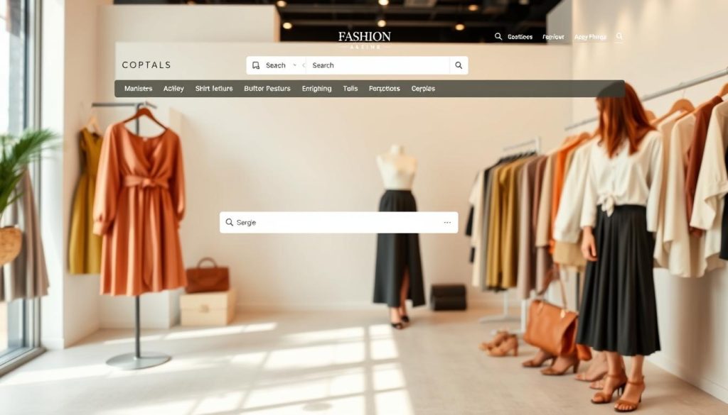 A modern, high-end fashion e-commerce website with a clean, minimalist design. In the foreground, showcase a diverse range of women's clothing and accessories, such as dresses, blouses, skirts, and handbags, arranged in a visually appealing manner. In the middle ground, depict the website's navigation menu and search functionality, highlighting the user-friendly interface. In the background, create a soft, out-of-focus setting with subtle branding elements, such as a logo or brand name, to reinforce the e-commerce platform's identity. Use a warm, natural lighting scheme and a slightly elevated camera angle to create a sense of elegance and professionalism.