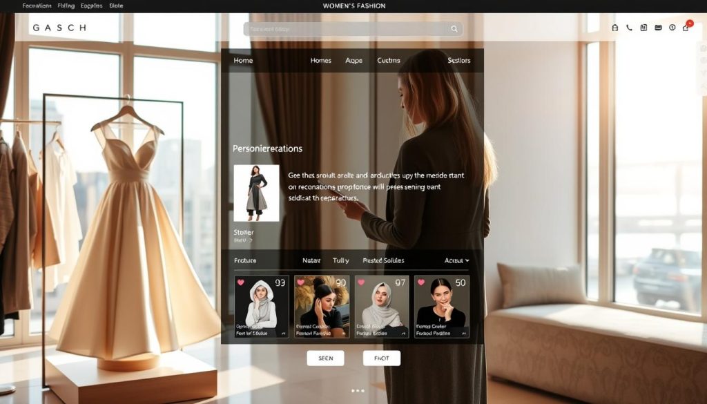 A personalized shopping experience on a high-end women's fashion website. In the foreground, a stylish young woman stands in an elegant boutique, examining a luxurious dress on a display. Soft natural lighting filters through large windows, casting a warm glow on the scene. The middle ground features a minimalist user interface, with a product selection grid and personalized recommendations tailored to the customer's preferences. In the background, a tranquil city skyline can be seen through the windows, suggesting an urban, upscale setting. The overall mood is one of sophistication, comfort, and a tailored shopping experience.