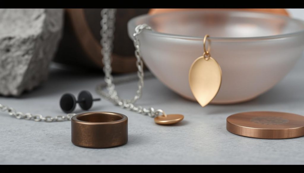 A sophisticated still life arrangement featuring a minimalist assortment of mixed metals and materials. In the foreground, a smooth, brushed bronze ring rests next to a matte black stud earring. In the middle ground, a sleek silver chain links to a delicate gold pendant, its surface catching the soft, even lighting. The background contains a mixture of textured surfaces, such as a raw copper disc and a frosted glass dish, creating a subtly layered and harmonious composition. The overall mood is one of understated elegance, highlighting the interplay of contrasting yet complementary elements.