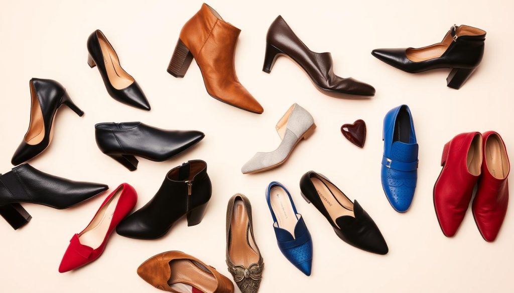 A stylish and diverse collection of women's footwear, featuring a harmonious arrangement of high heels, ankle boots, loafers, and sandals in a visually appealing layout. The items are displayed against a minimalist, light-colored background that allows the footwear to take center stage. The lighting is soft and flattering, emphasizing the materials, textures, and colors of the shoes, which range from classic black and brown to vibrant shades of red, blue, and metallic accents. The composition showcases the footwear in a visually striking and fashionable manner, capturing the essence of the "Best Accessories for Women This Season: Footwear Edition" theme.