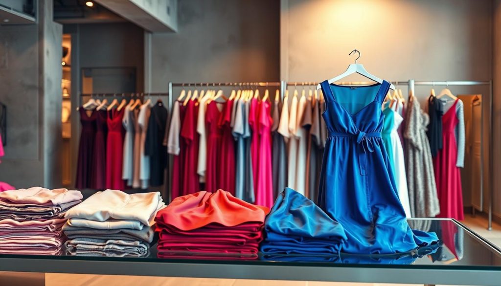 A vibrant and modern fashion display showcasing an array of trendy women's dresses on markdown. The foreground features neatly folded dresses in a variety of colors and styles, arranged on a sleek glass or steel display table, bathed in warm, diffused lighting. The middle ground captures a backdrop of minimalist, muted-tone clothing racks, creating a clean, sophisticated visual aesthetic. The background subtly hints at a chic, urban retail environment with glimpses of modern architectural elements like concrete, steel, and glass. The overall atmosphere exudes a sense of stylish discounts and irresistible fashion deals.