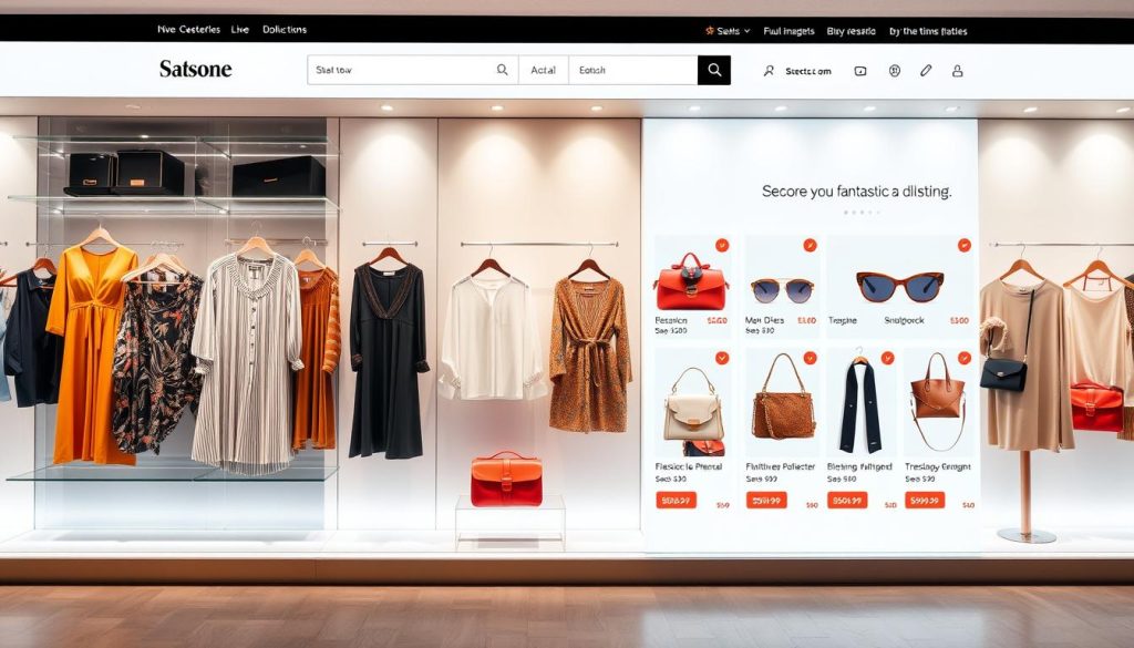 A vibrant, well-lit e-commerce website showcasing a diverse array of fashion items on display. The foreground features several apparel pieces such as designer dresses, stylish blouses, and trendy accessories like handbags and sunglasses, all presented on virtual shelves or hanging racks. The middle ground depicts a sleek, user-friendly interface with intuitive navigation, sale banners, and discounted pricing information. The background suggests a modern, minimalist aesthetic with clean lines, soft colors, and subtle branding elements. The overall mood is one of excitement and opportunity, conveying the idea of scoring fantastic deals on the latest fashion trends.