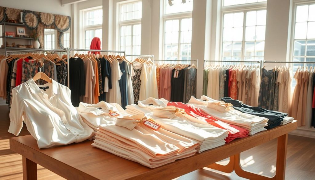 A well-lit, airy room featuring a display table with neatly folded women's apparel. The table is adorned with stylish blouses, dresses, and skirts in a variety of colors and patterns, all bearing prominent "Sale" or "Discount" tags. Sunlight streams in through large windows, casting a warm, inviting glow over the scene. In the background, racks of additional discounted clothing items are visible, hinting at the breadth of the sale selection. The overall atmosphere is one of excitement and opportunity, enticing the viewer to browse and discover the perfect wardrobe additions at unbeatable prices.