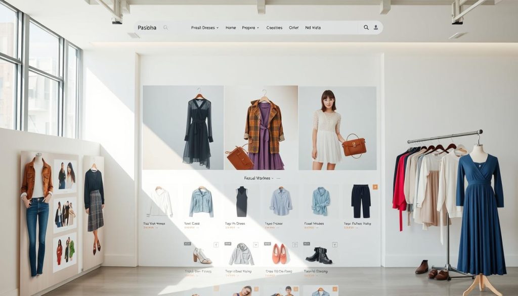 A well-lit ecommerce website interface showcasing a variety of fashion items, from casual wear to formal dresses, all within a reasonable price range. The foreground features a clean, minimalist design with clear product images and intuitive navigation menus. The middle ground depicts a range of clothing categories, including tops, bottoms, and accessories, all neatly organized and presented. The background subtly suggests a professional, trustworthy brand identity through subtle branding and high-quality product photography. The overall atmosphere conveys a sense of accessibility, quality, and value for money, making it an appealing destination for budget-conscious fashion enthusiasts.