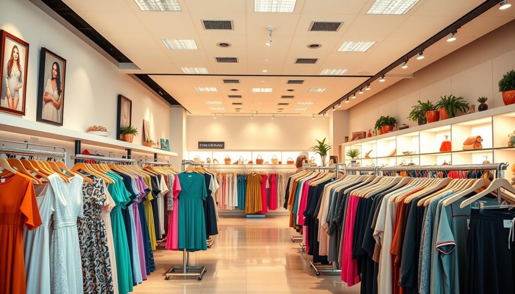 A well-lit, spacious retail store interior with neatly displayed women's apparel on racks and shelves. The focus is on a selection of colorful, stylish clothing items including dresses, blouses, and pants arranged in an attractive, visually appealing manner. The lighting is warm and inviting, creating a pleasant shopping ambiance. The background showcases elegant decor elements like wall art, potted plants, and discreet signage. The overall scene conveys a sense of high-quality, discounted merchandise ready to be discovered by savvy fashion-conscious customers.