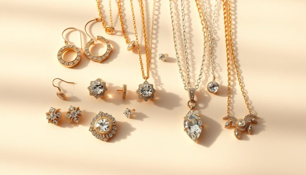 Elegant and captivating jewelry arrangement featuring trendy earrings and necklaces. Glamorous gold, silver, and crystal pieces arranged on a soft, neutral background with natural lighting casting warm shadows. Delicate, intricate designs with a touch of minimalism. Sparkling accents and reflections create a high-fashion, editorial feel. Earrings include statement hoops, delicate chains, and gemstone studs. Necklaces range from simple chains to layered, eye-catching pendants. Organized, visually appealing composition highlighting the beauty and versatility of these must-have accessories.
