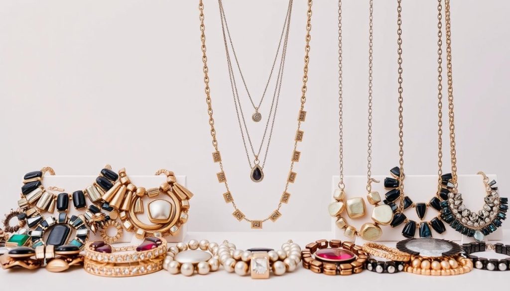 Trendy statement necklaces displayed against a clean, minimalist backdrop. In the foreground, an array of chunky, eye-catching pieces in a variety of metals and gemstones, arranged artfully to showcase their bold, modern designs. In the middle ground, softer, layered necklaces in delicate chains and pendants, creating a harmonious contrast. The lighting is soft and diffused, highlighting the luster and texture of the jewelry. The overall mood is one of refined elegance and contemporary style, setting the tone for the latest jewelry trends.